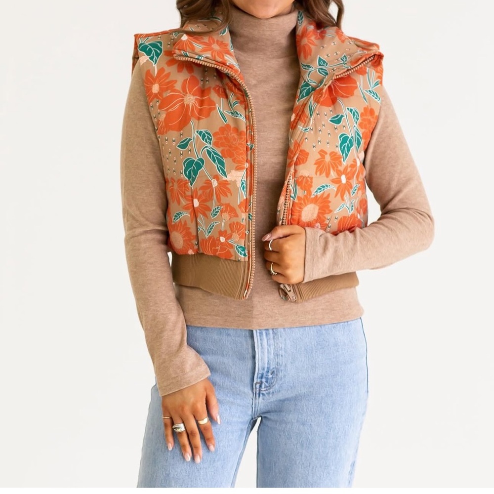 Floral Orange and Green Puffer Vest